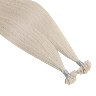 Full Shine real human hair keratin tip extensions in platinum blonde provide natural-looking volume, length, and brightness.