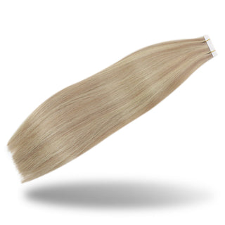Full Shine real human hair tape in extensions feature blonde highlights and lowlights for natural movement.