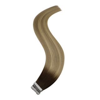 Full Shine real human hair tape in extensions feature brown blonde balayage tones for a seamless salon look.