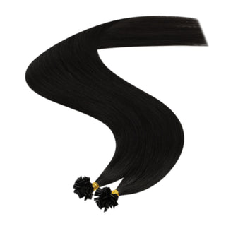 Full Shine real virgin hair K tip extensions in off black add natural movement, length, and fullness to fine hair.