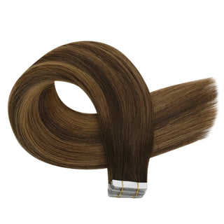 Full Shine tape in hair extensions use Brazilian virgin hair with brown balayage coloring for a salon-quality look.
