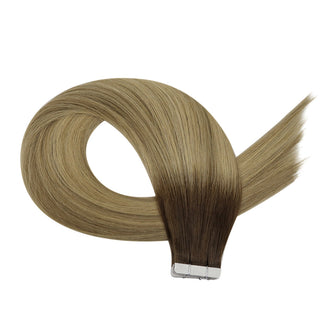 Full Shine tape in human hair extensions with brown blonde balayage offer premium virgin hair quality and natural movement.