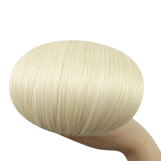 Full Shine tape in human hair extensions in light blonde #60 feature premium virgin hair with a bright blonde color.