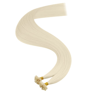 Full Shine virgin hair K tip extensions in bleach blonde are made with real human hair and discreet keratin tips for natural movement.