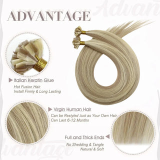 Full Shine virgin hair K tip extensions combine highlighted human hair with pre bonded keratin tips for a seamless blend.