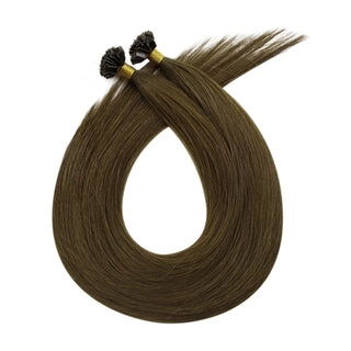 Professional Full Shine K tip hair extensions use 100% virgin human hair in medium brown for soft and natural-looking results