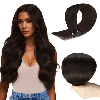 Full Shine virgin hair K tip hair extensions in darkest brown create natural-looking length and volume.