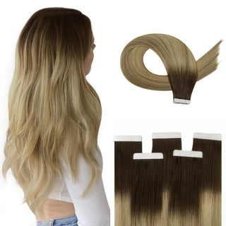 
Alt： Full Shine virgin hair tape in extensions with brown blonde balayage create a natural dimensional hair color.