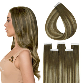 Full Shine virgin hair tape in extensions with balayage brown tones are made from human hair for a natural dimensional blend.