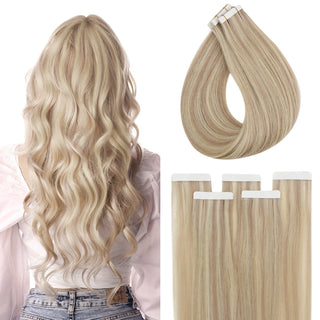 Full Shine virgin hair tape in extensions with blonde highlights and lowlights create a natural dimensional hair color.