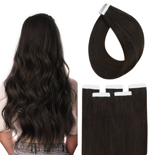 Full Shine virgin hair tape in extensions in dark brown are made from real human hair for a natural seamless blend.