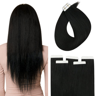 Full Shine virgin hair tape in extensions in jet black are made from human hair for a seamless natural blend.