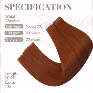 Full Shine virgin hair tape ins in copper red feature 100% human hair for a seamless salon-quality blend.