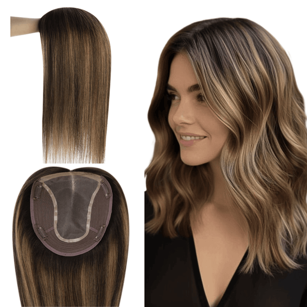 full shine, virgin hair, hair topper, invisible base, balayage brown, natural look, thick hair, full volume, real human hair, hair replacement, seamless integration, hair coverage, hair texture, hair styling, women hairpiece, lightweight hairpiece, remy hair