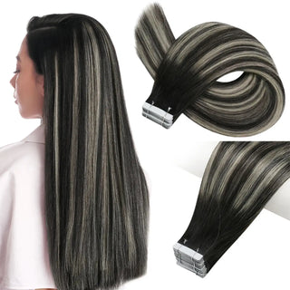 Full Shine virgin human hair tape in extensions with highlights create a natural blend of dark tones and soft dimension.
