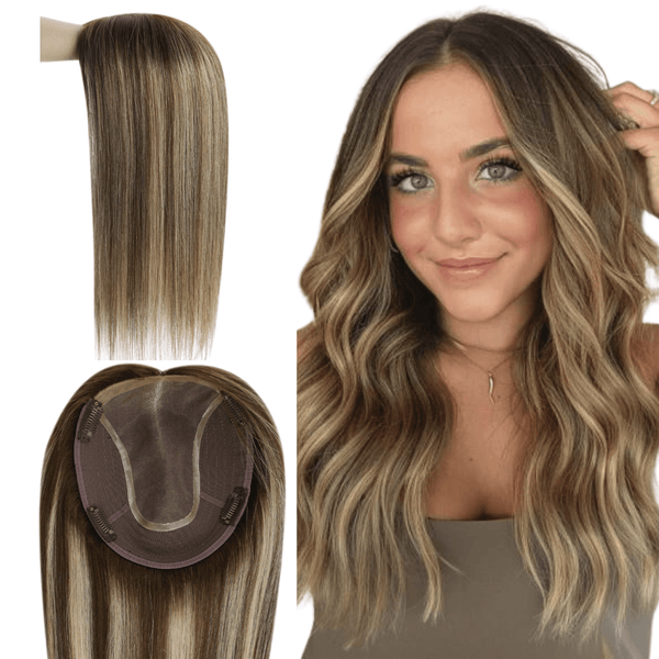 full shine, virgin human hair, hair topper, breathable base, balayage brown, clip in extensions, thinning hair solution, high quality, lightweight hairpiece, natural look, seamless integration, hair volume, comfortable fit, hair replacement, remy hair, hair care, durable hair topper, women hairpiece, effortless style, hair confidence