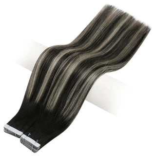 Full Shine virgin tape ins with black highlights use human hair extensions for a soft and seamless look.