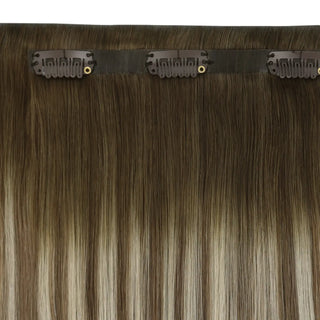 Full shine Balayage Blonde seamless clip in extensions feature perfect root tech.