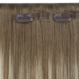 Full shine Balayage Brown real hair extensions clip in give salon quality seekers rich drawn thickness.