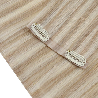 Full shine Blonde Lowlights human clip in hair extensions provide superior long alignment for clientele.