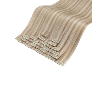 Full shine Blonde Lowlights clip in hair extensions use balanced long tech for thin hair users.