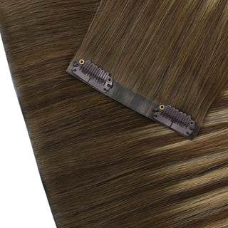 Full shine Brown Balayage clip in hair extensions provide elegant evening styling for event guests.