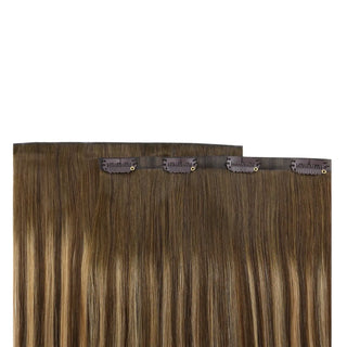 Full shine Brown Balayage straight clip in hair extensions provide sleek convenience for vacationers.