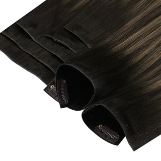 Full shine Brown Highlights human hair clip in extension comes with premium sleek hair gift packaging.