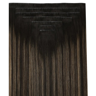 Full shine Brown Highlights clip on hair pieces offer stage performers secure full hair hold.