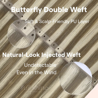 Light Ash Brown with Blonde Highlights Butterfly Weft XO Invisible Weft by Fullshine creates seamless and long-lasting hair extensions.
