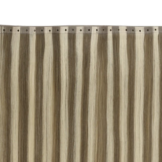 XO Invisible Weft by Fullshine in Light Ash Brown with Blonde Highlights delivers voluminous, natural-looking hair.
