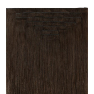 Full shine Medium Brown clip on hair extensions feature an easy sleek style design for beginners.