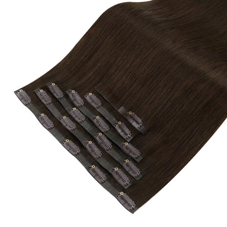 Full shine Medium Brown clip in hair extensions provide photo shoot models with vivid sleek texture.