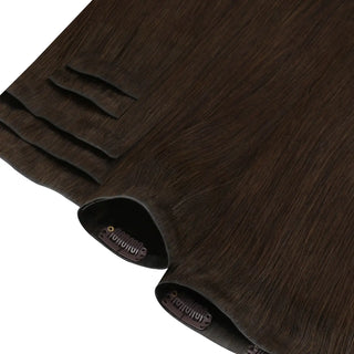 Full shine Medium Brown human hair clip in extensions give event attendees radiant sleek color.