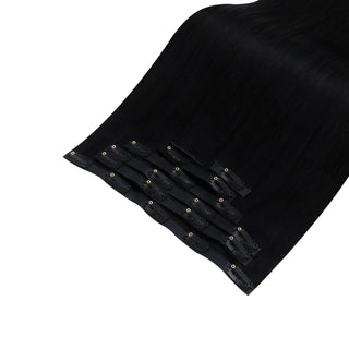 Full shine Off Black clip in extensions are ideal for wedding guests needing a luxurious sleek makeover.