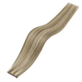 Fullshine Virgin Hair Butterfly Weft in Light Ash Brown with Blonde Highlights is perfect for blending colors and daily styling.
