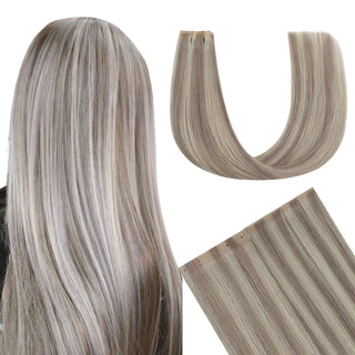 Fullshine Virgin Hair XO Invisible Weft in Ash Blonde with Blonde Highlights provides natural-looking volume and easy styling.
