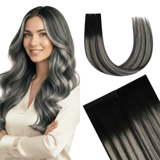 Fullshine Virgin Hair XO Invisible Weft in Black with Silver Blonde Highlights adds natural volume and stylish highlights.
