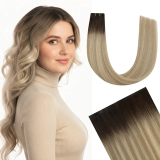 Fullshine Virgin Hair XO Invisible Weft in Dark Brown to Blonde Balayage offers soft, silky hair with natural-looking highlights.

