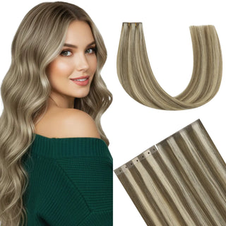 Fullshine Virgin Hair XO Invisible Weft in Light Ash Brown with Blonde Highlights provides natural volume and effortless styling.
