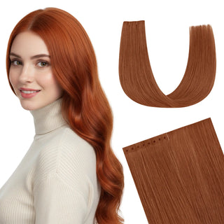 Fullshine Virgin Hair XO Invisible Weft in Red Copper provides natural-looking volume and vibrant color.
