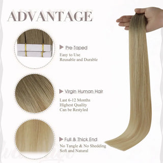 Blonde lowlights from Fullshine add depth and realistic shading to virgin hair tape ins.