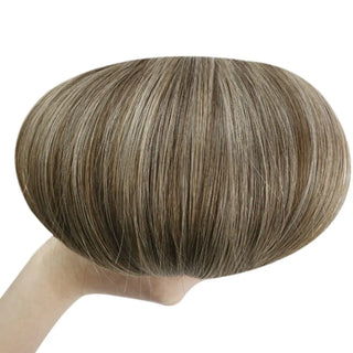 Brown balayage Fullshine virgin hair featuring blonde highlights for a rich blended tone.