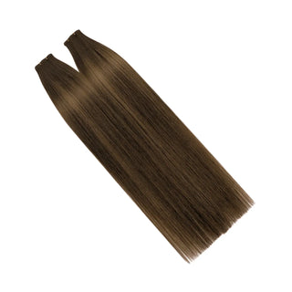 Brown balayage and blonde highlight mix designed for natural blending and shine.