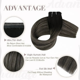 Virgin black hair enhanced with blonde ribbons crafted into invisible weft technology.
