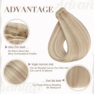 Virgin blonde hair enriched with rose brown accents for natural depth and warmth.