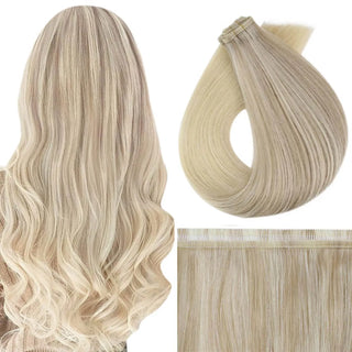 Fullshine blonde virgin hair enhanced with rose brown lowlights for soft warmth and contrast.