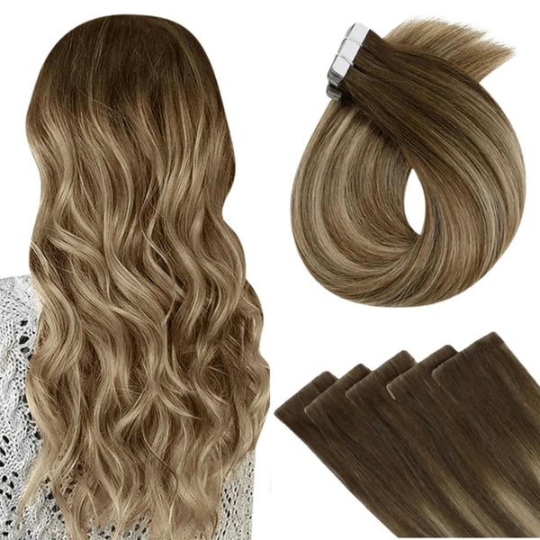 Fullshine brown balayage virgin tape ins offering warm dimensional blending.