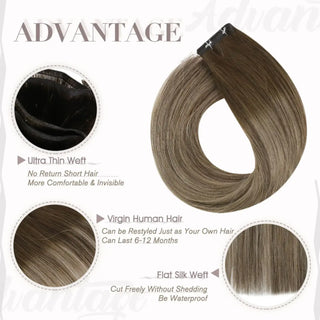 Virgin brown balayage with blonde highlights from Fullshine offering soft contrast and seamless blending.