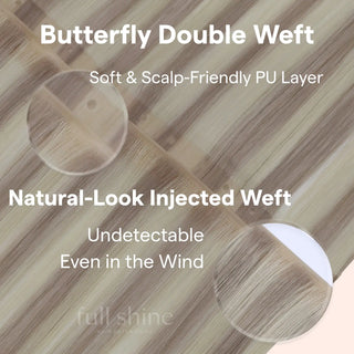 Ash Blonde with Blonde Highlights Butterfly Weft XO Invisible Weft by Fullshine creates seamless, high-quality hair extensions.
